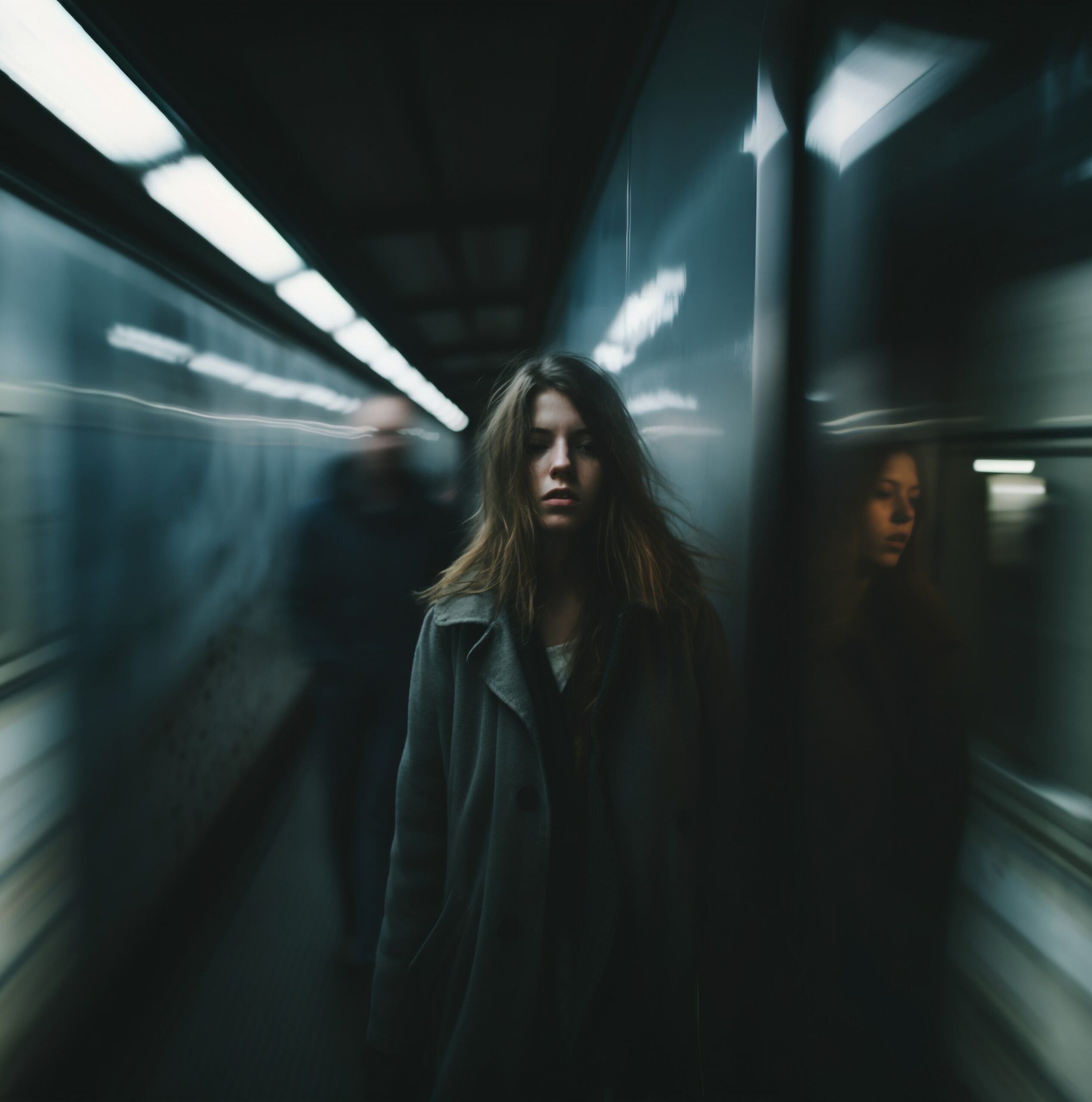 Frau in leerem U-Bahn-Tunnel